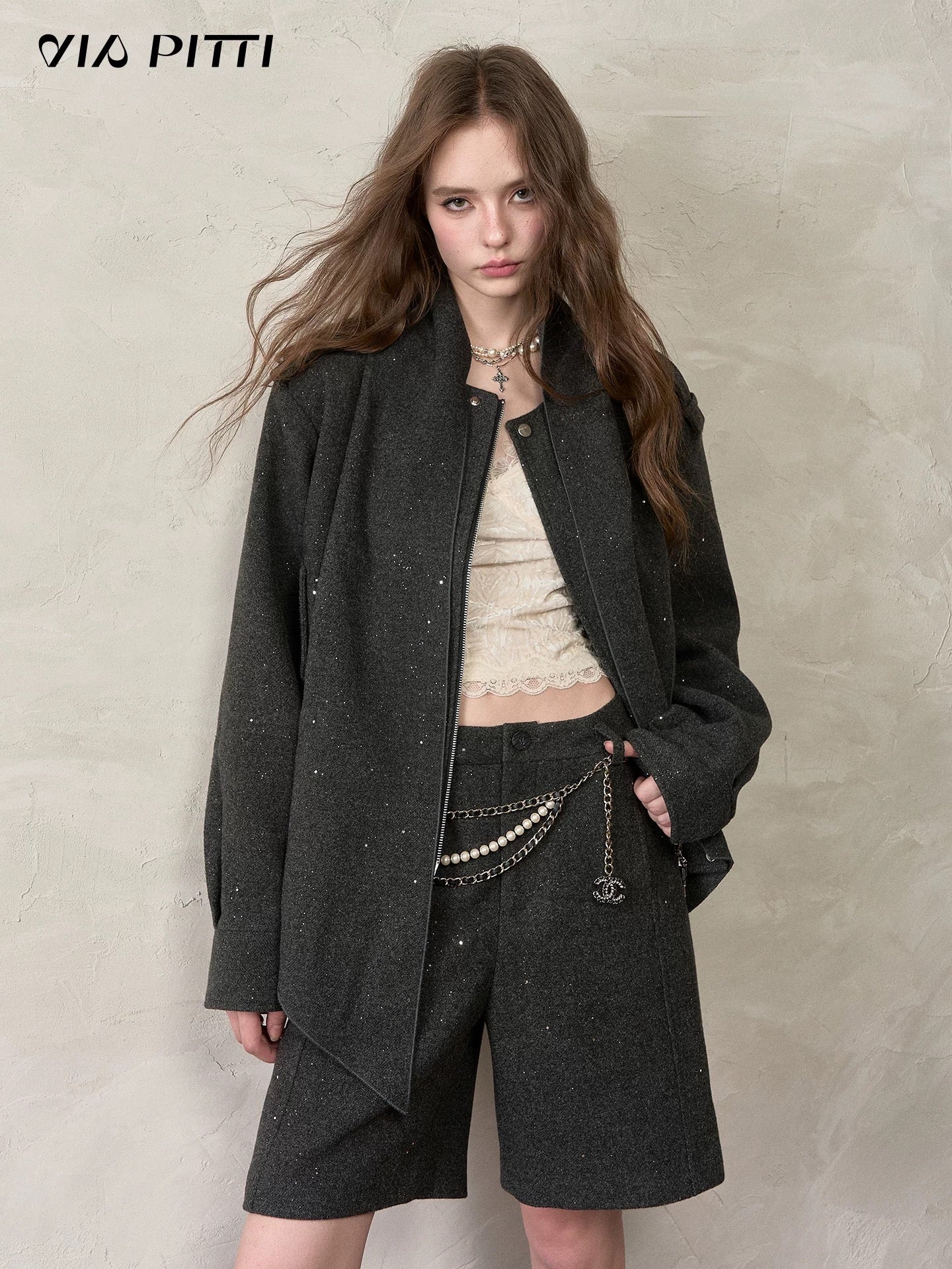 VIA PITTI VIACC555&amp;VIACP560 Sparkling loose scarf jacket + mid-length pants