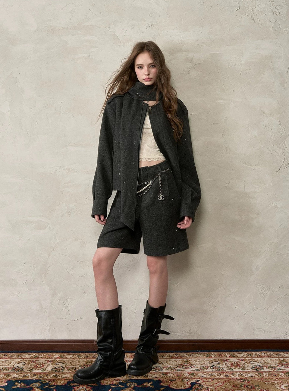 VIA PITTI VIACC555&amp;VIACP560 Sparkling loose scarf jacket + mid-length pants