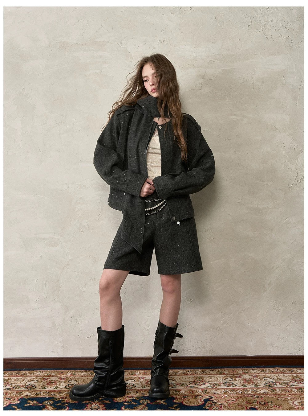 VIA PITTI VIACC555&amp;VIACP560 Sparkling loose scarf jacket + mid-length pants