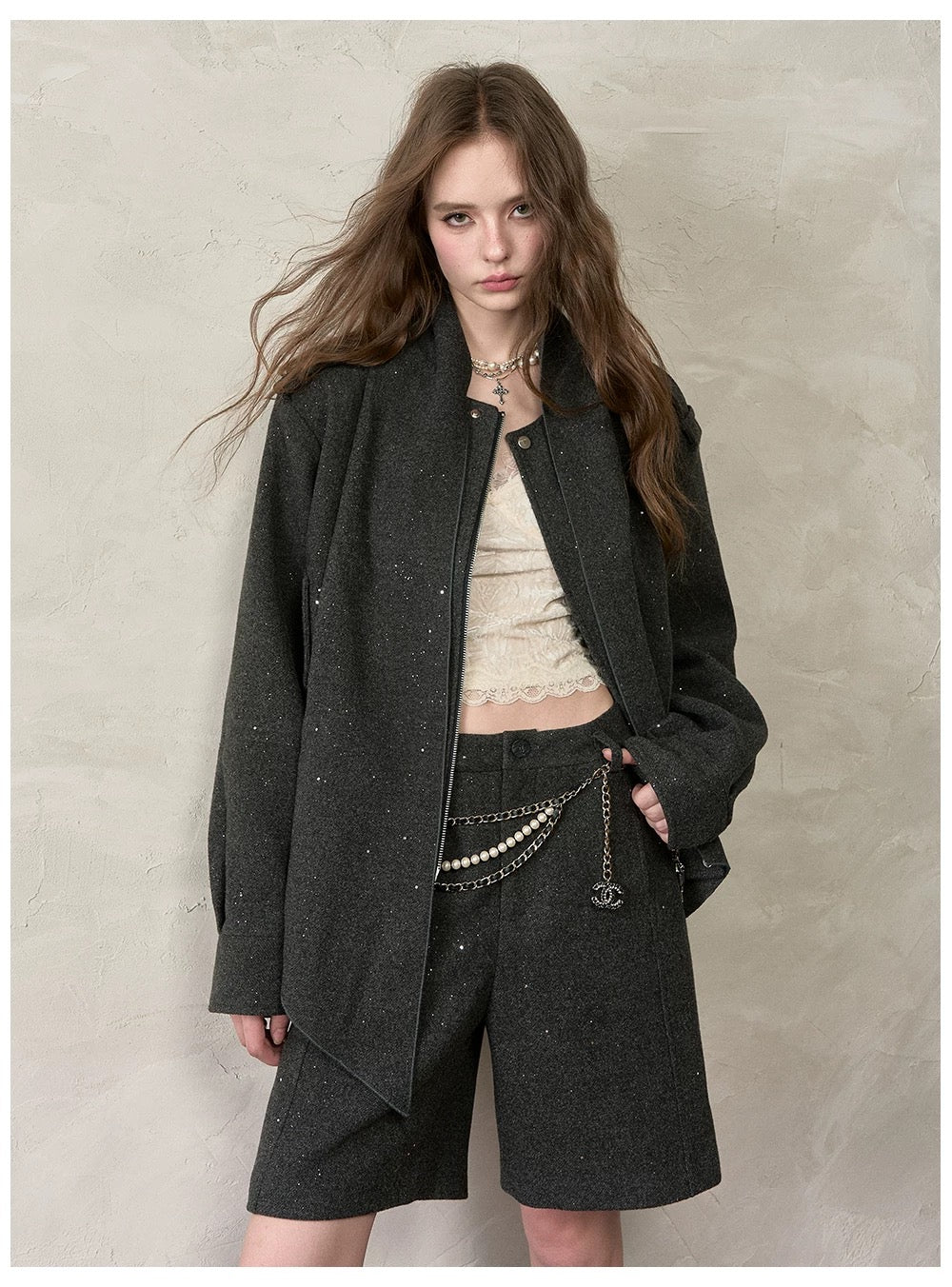 VIA PITTI VIACC555&amp;VIACP560 Sparkling loose scarf jacket + mid-length pants