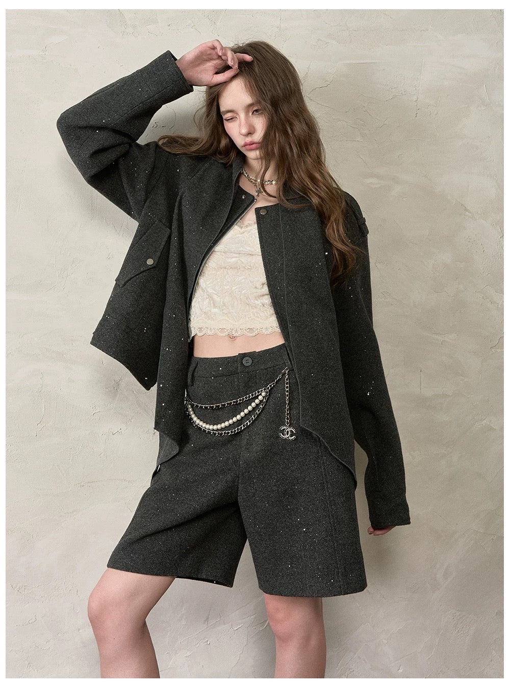 VIA PITTI VIACC555&amp;VIACP560 Sparkling loose scarf jacket + mid-length pants