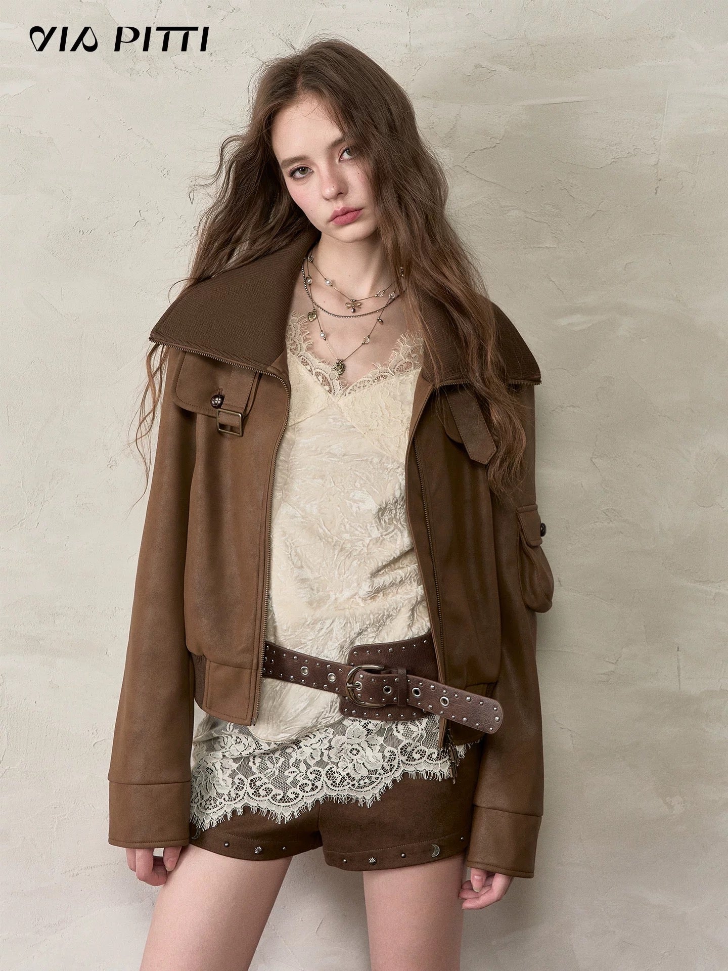 VIA PITTI VIACC520 Retro contrasting lapel PU leather jacket