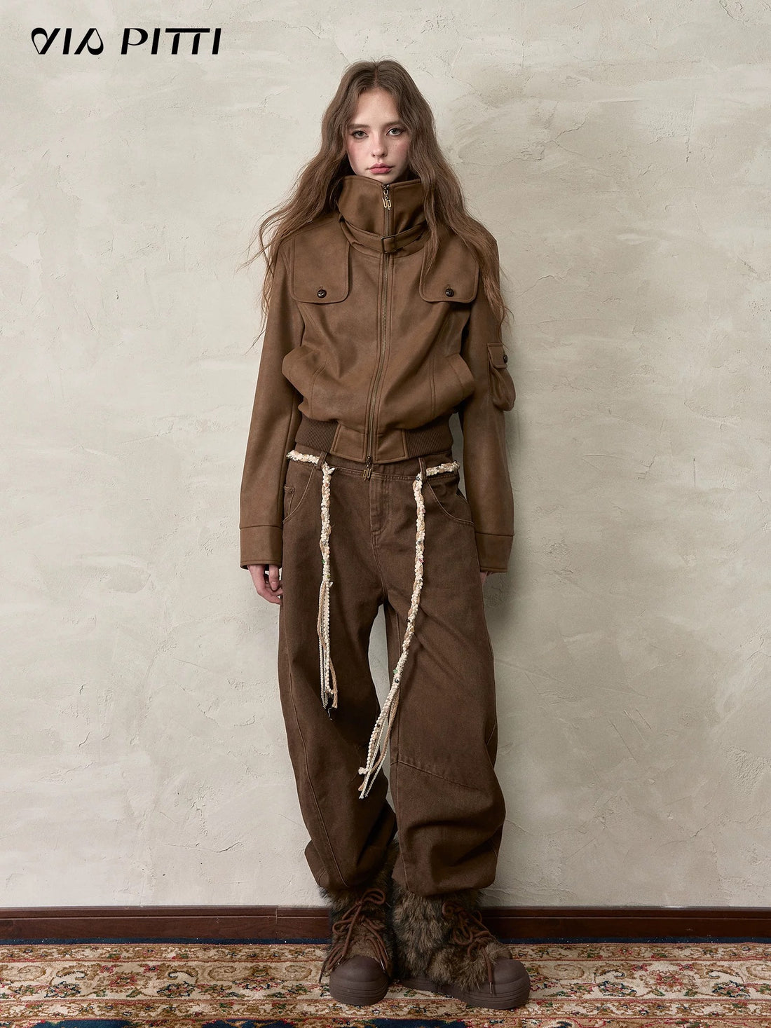 VIA PITTI VIACC520 Retro contrasting lapel PU leather jacket