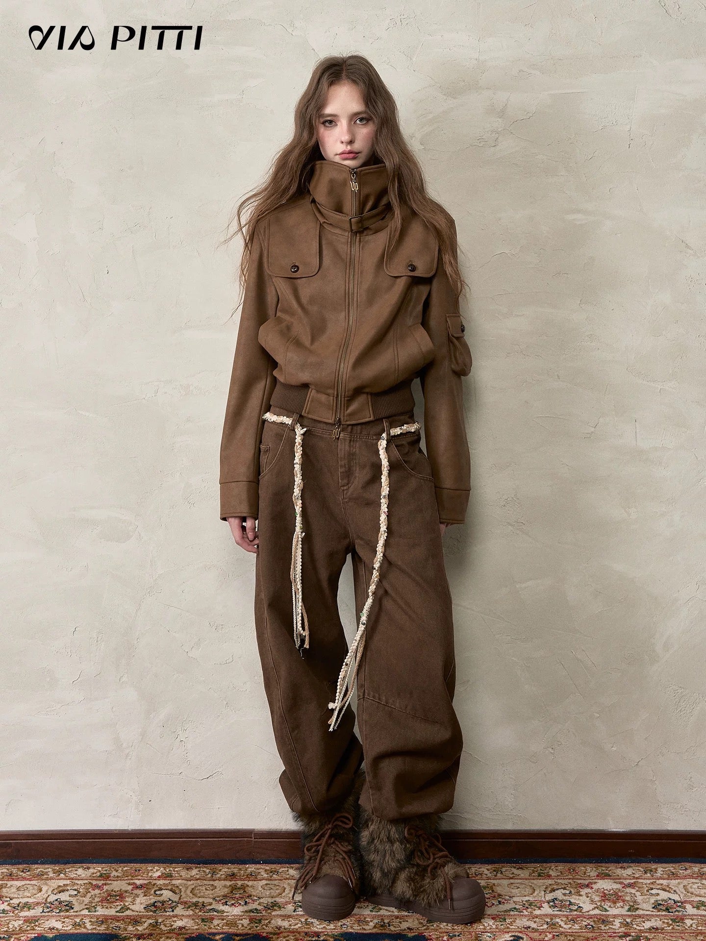 VIA PITTI VIACC520 Retro contrasting lapel PU leather jacket