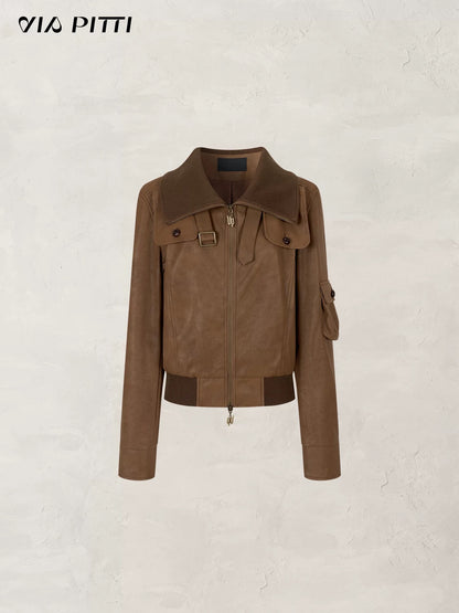 VIA PITTI VIACC520 Retro contrasting lapel PU leather jacket