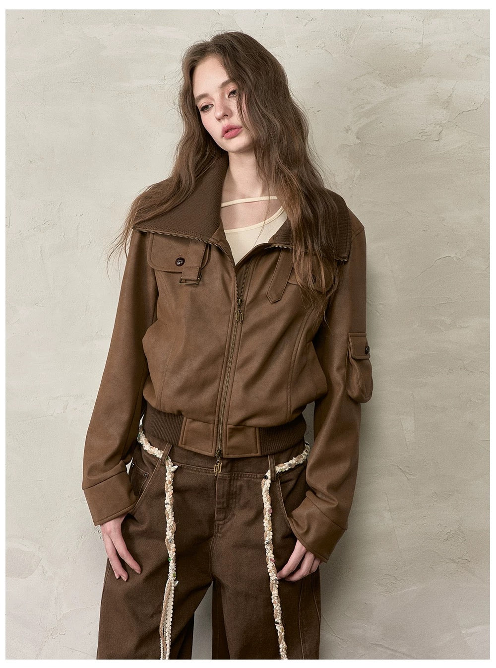 VIA PITTI VIACC520 Retro contrasting lapel PU leather jacket