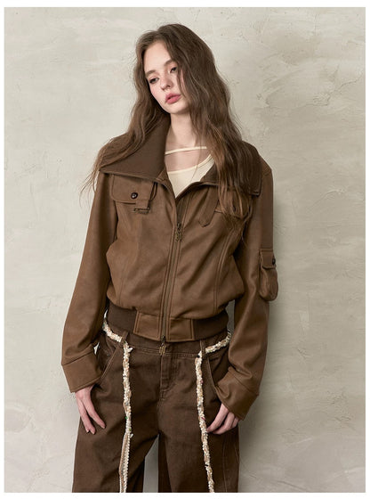 VIA PITTI VIACC520 Retro contrasting lapel PU leather jacket