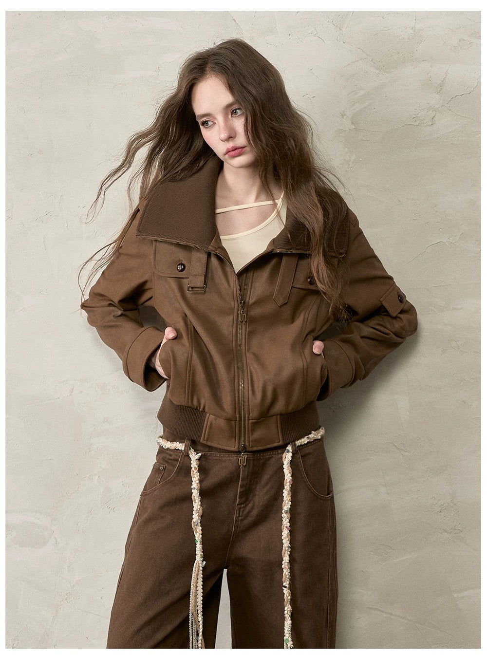 VIA PITTI VIACC520 Retro contrasting lapel PU leather jacket