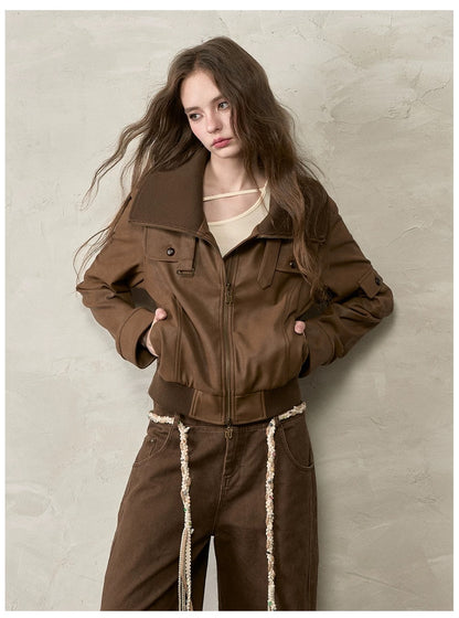VIA PITTI VIACC520 Retro contrasting lapel PU leather jacket