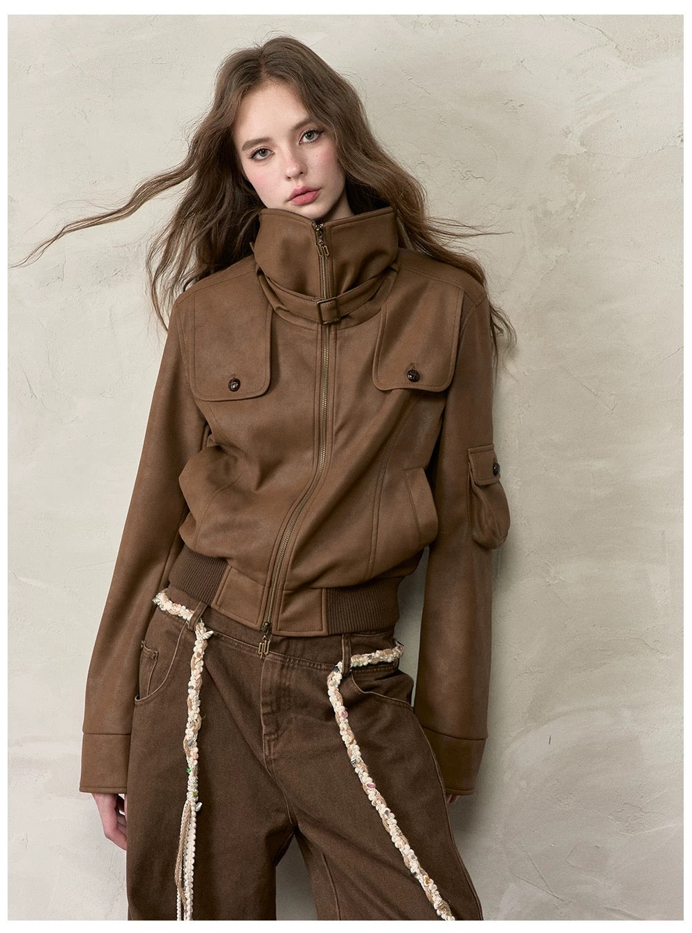 VIA PITTI VIACC520 Retro contrasting lapel PU leather jacket