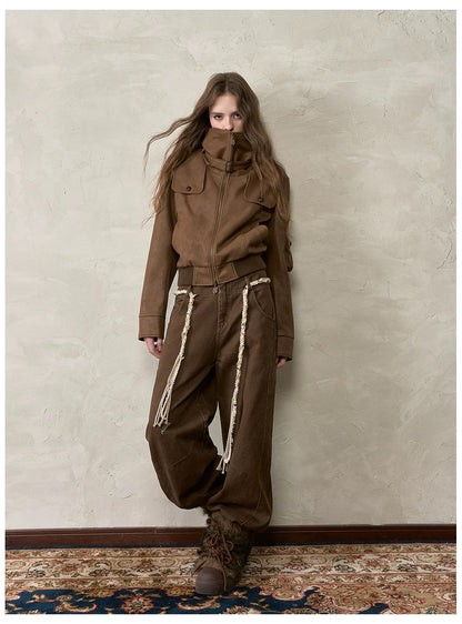 VIA PITTI VIACC520 Retro contrasting lapel PU leather jacket