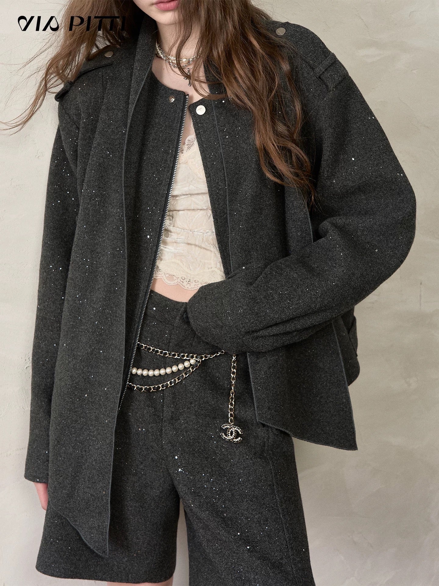 VIA PITTI VIACC555&amp;VIACP560 Sparkling loose scarf jacket + mid-length pants