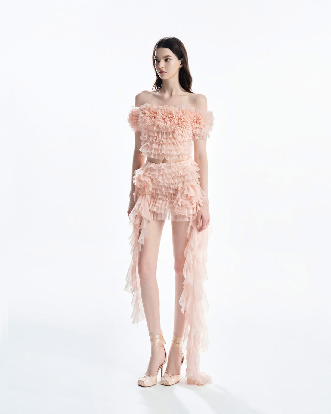 MUST HAVE Off-Shoulder Cropped Top &amp; 3D Floral Ruffles Mini Skirt (2color)
