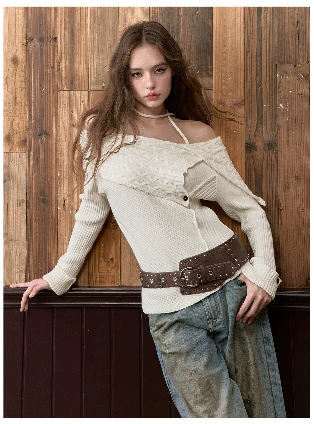 VIA PITTI VIADK574 Shoulder hanging neck tied sweater