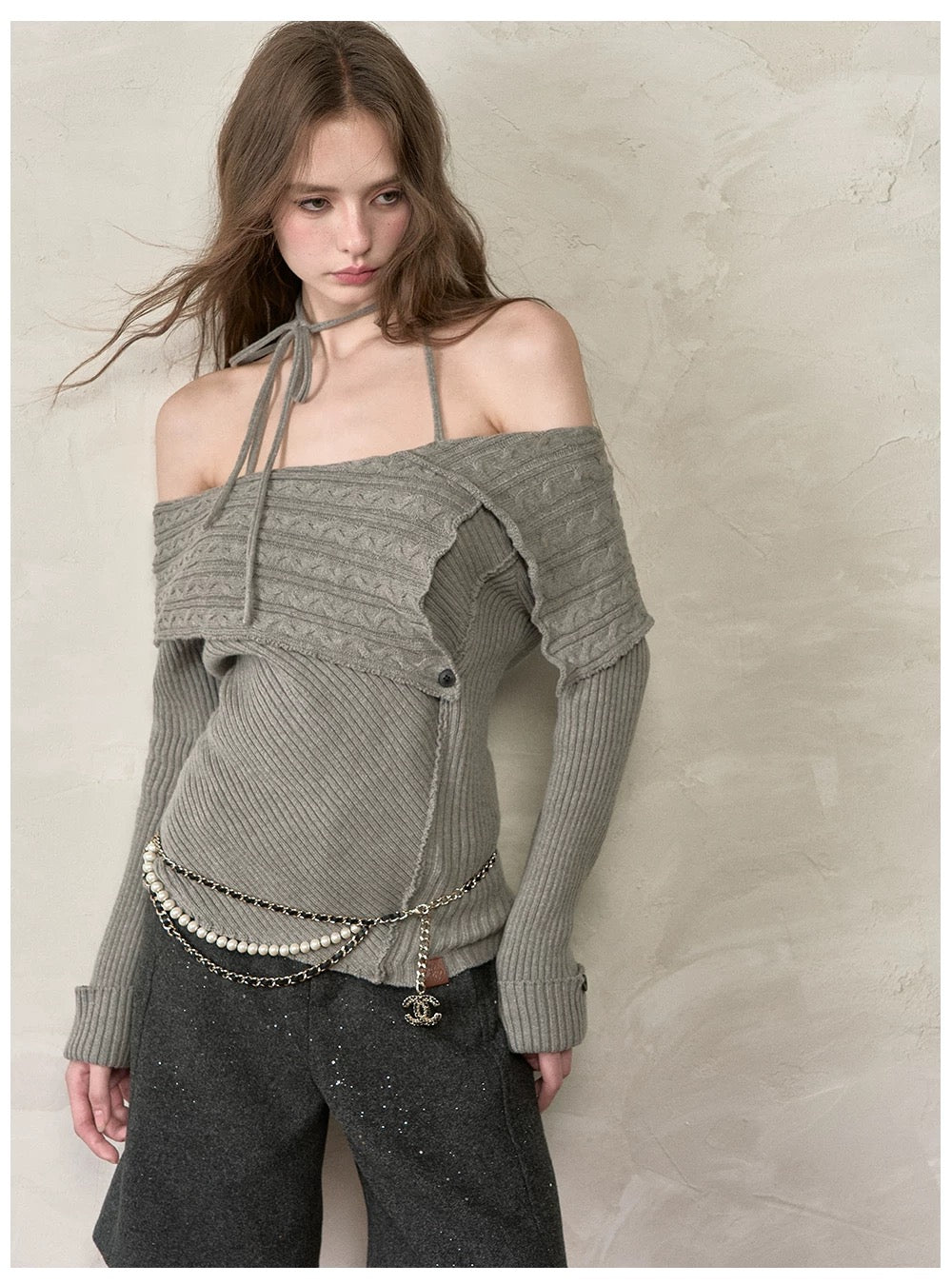 VIA PITTI VIADK574 Shoulder hanging neck tied sweater