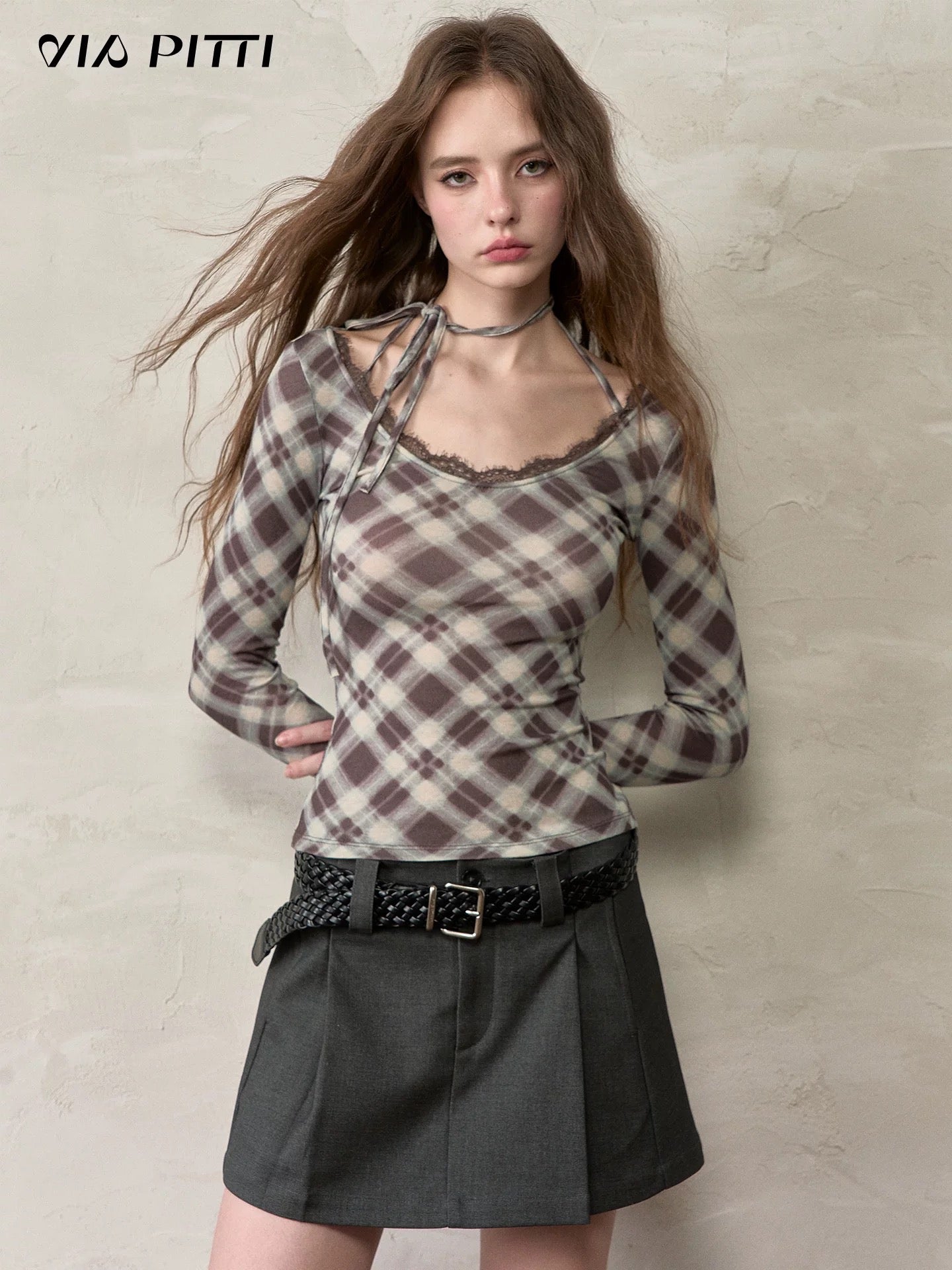 VIA PITTI VIACTP532 Hanging neck tie plaid long sleeved T-shirt