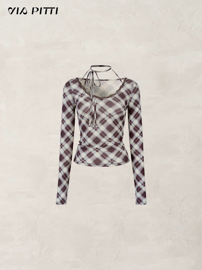 VIA PITTI VIACTP532 Hanging neck tie plaid long sleeved T-shirt