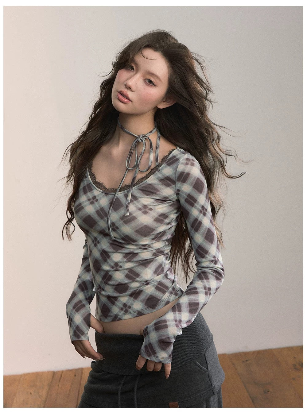 VIA PITTI VIACTP532 Hanging neck tie plaid long sleeved T-shirt