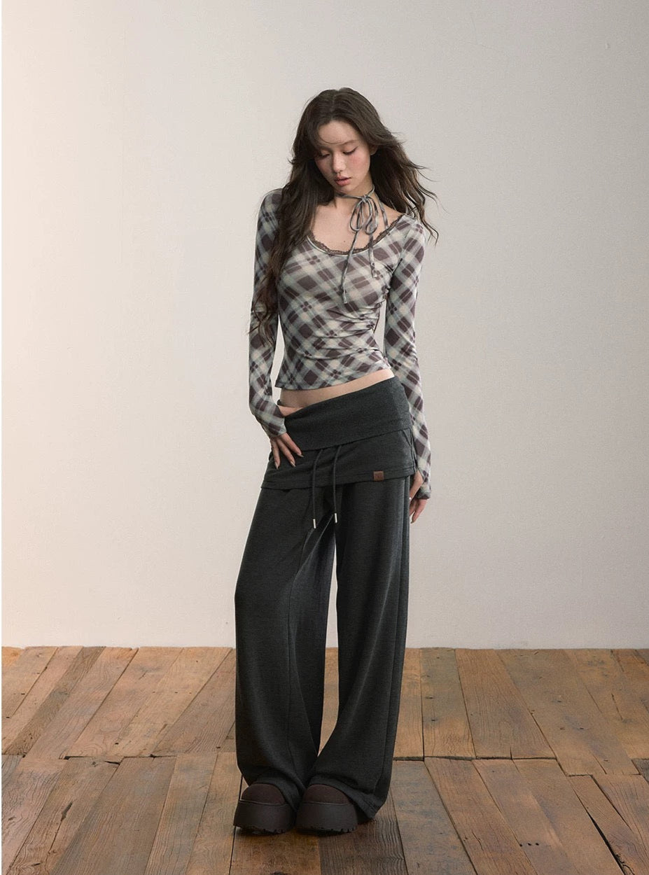 VIA PITTI VIACTP532 Hanging neck tie plaid long sleeved T-shirt