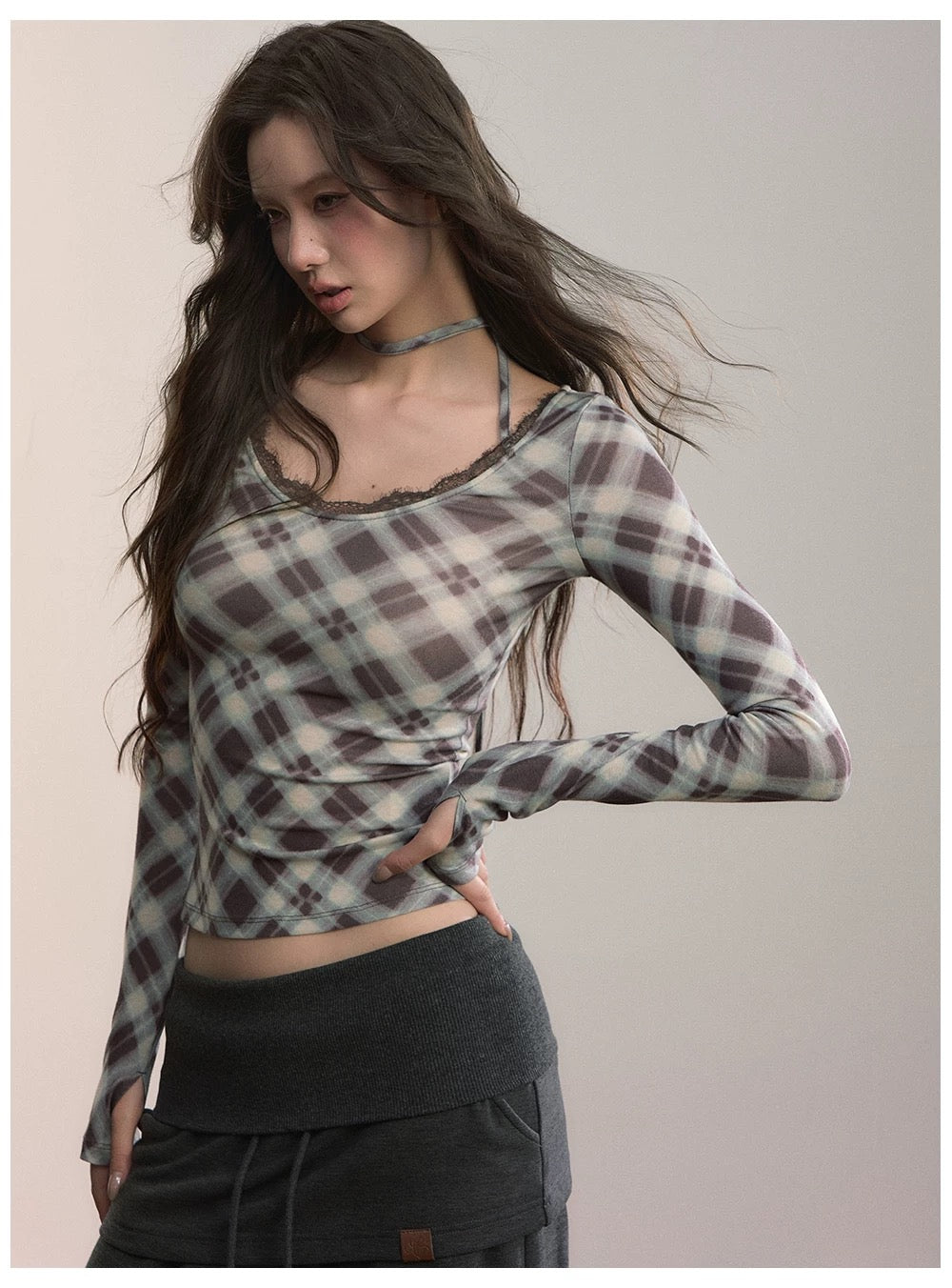 VIA PITTI VIACTP532 Hanging neck tie plaid long sleeved T-shirt