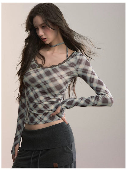 VIA PITTI VIACTP532 Hanging neck tie plaid long sleeved T-shirt