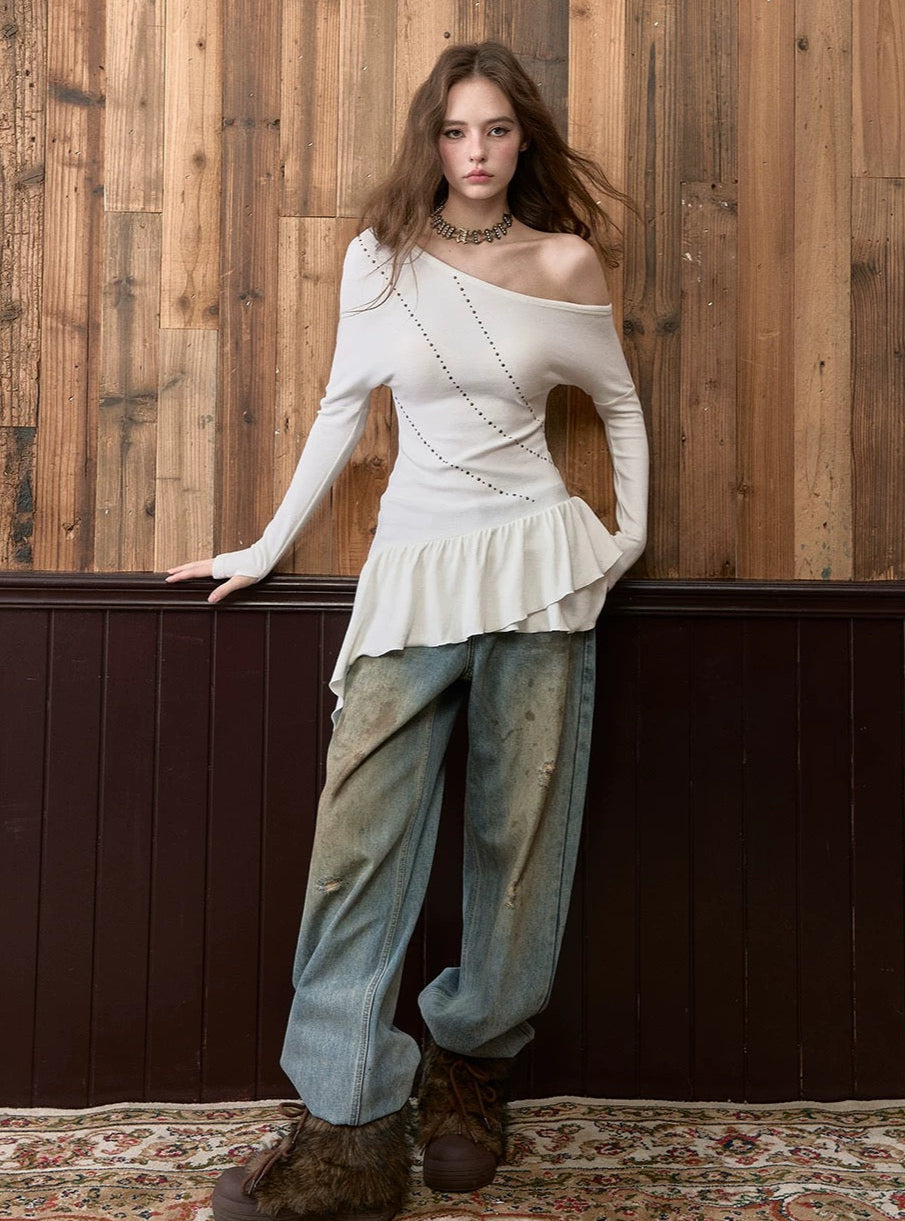 VIA PITTI VIACD549 Off shoulder rivet slim fit top