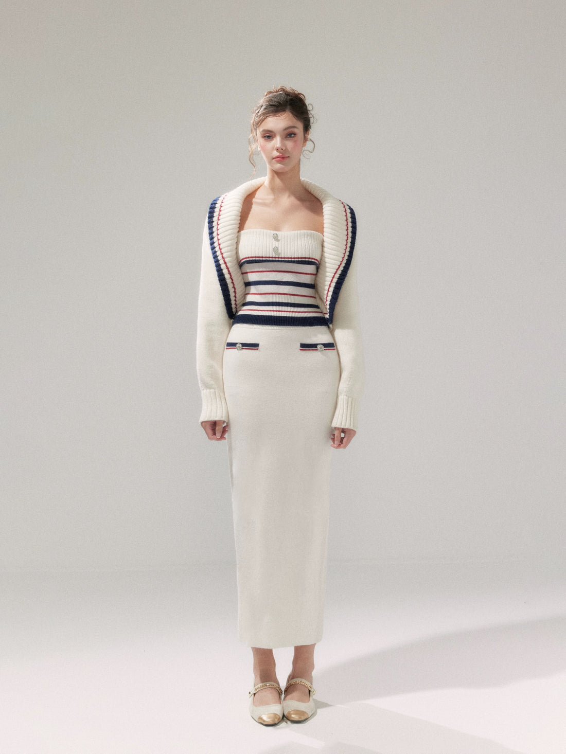 YZZI HE Lazy style striped knitted cardigan + skirt set (White)