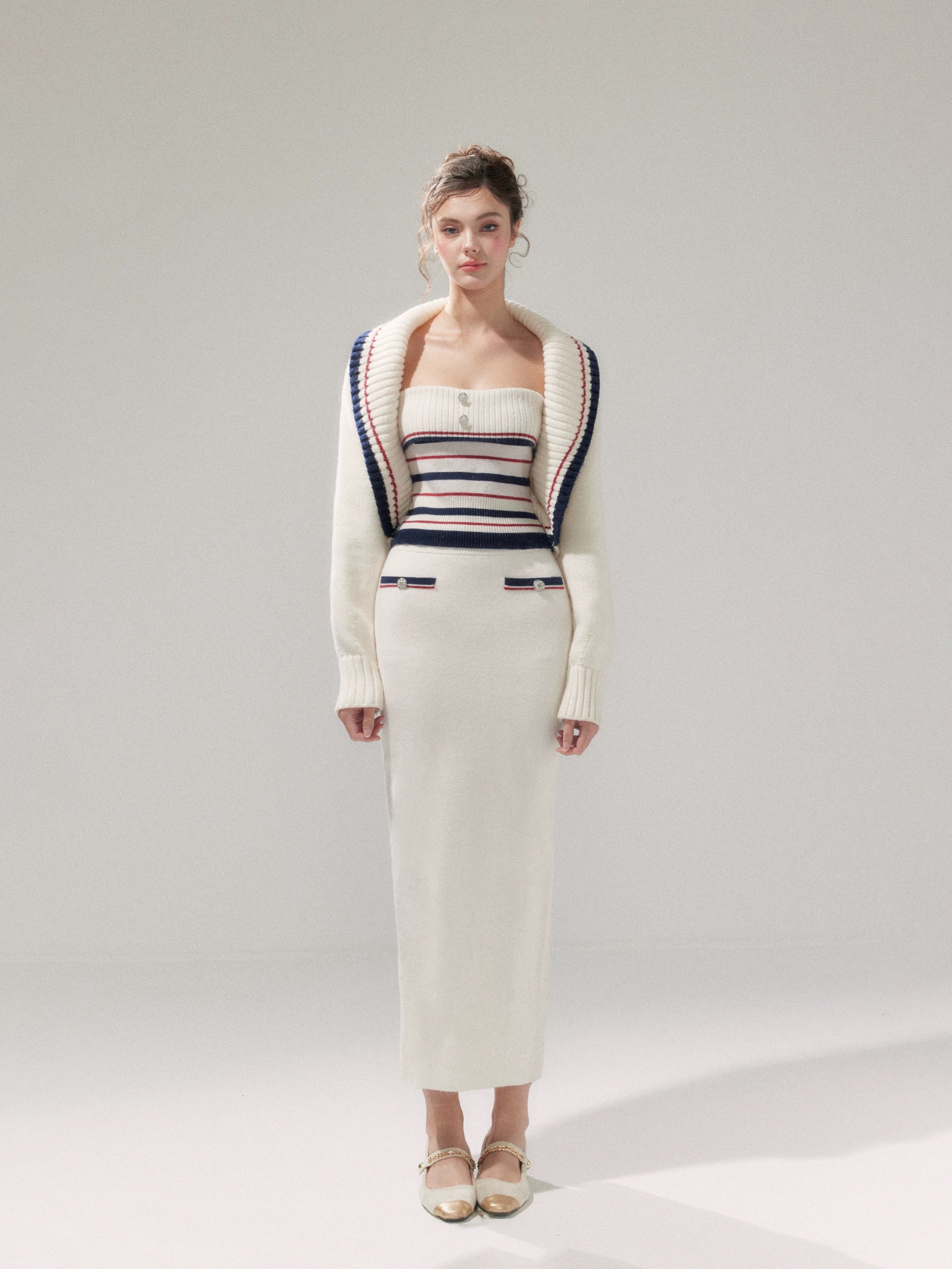 YZZI HE Lazy style striped knitted cardigan + skirt set (White)