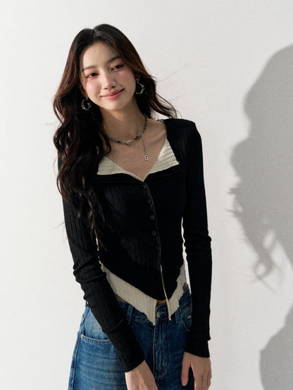 Lafreedom LAF350916 Fake two-piece color-block V-neck knit sweater