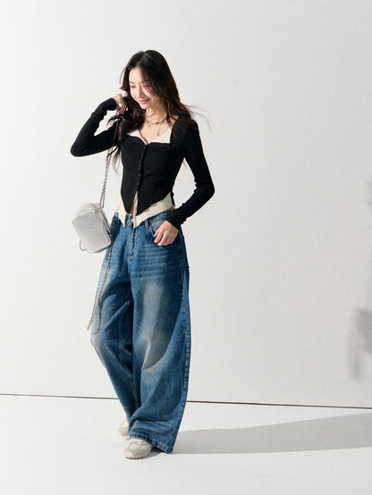 Lafreedom LAF350916 Fake two-piece color-block V-neck knit sweater