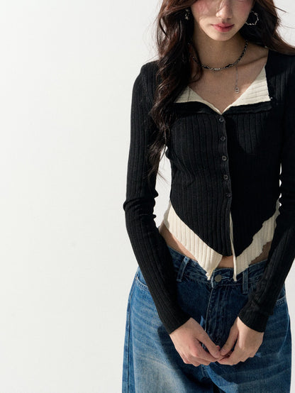 Lafreedom LAF350916 Fake two-piece color-block V-neck knit sweater