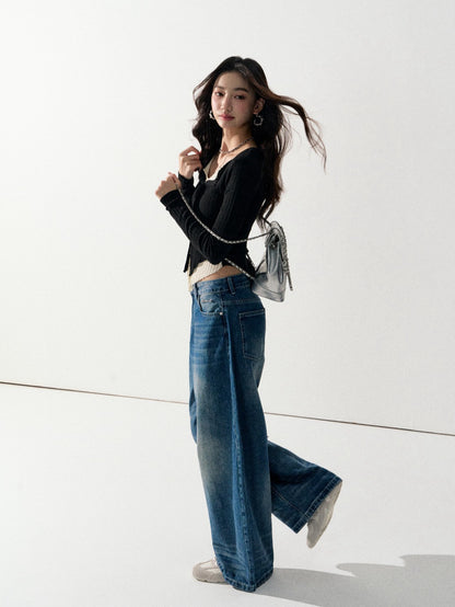 Lafreedom LAF350916 Fake two-piece color-block V-neck knit sweater