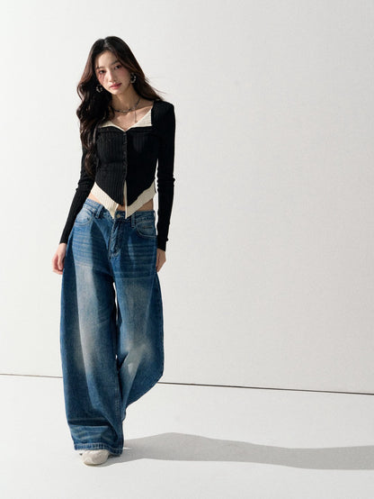 Lafreedom LAF350916 Fake two-piece color-block V-neck knit sweater