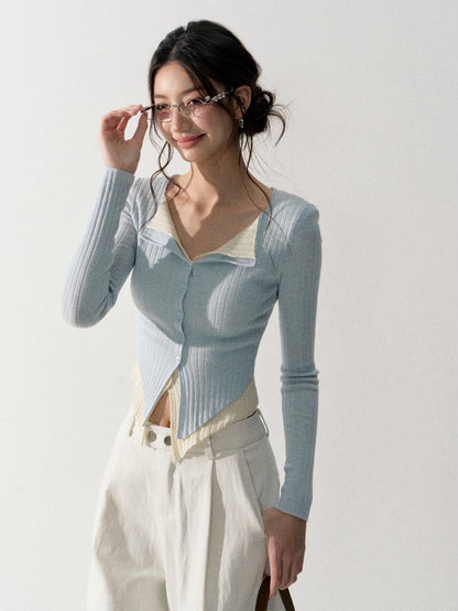 Lafreedom LAF350916 Fake two-piece color-block V-neck knit sweater