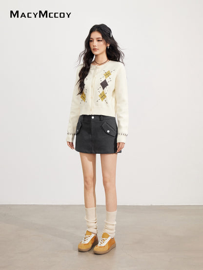 MacyMccoy MMC2025169 Handmade threading diamond grid sweater