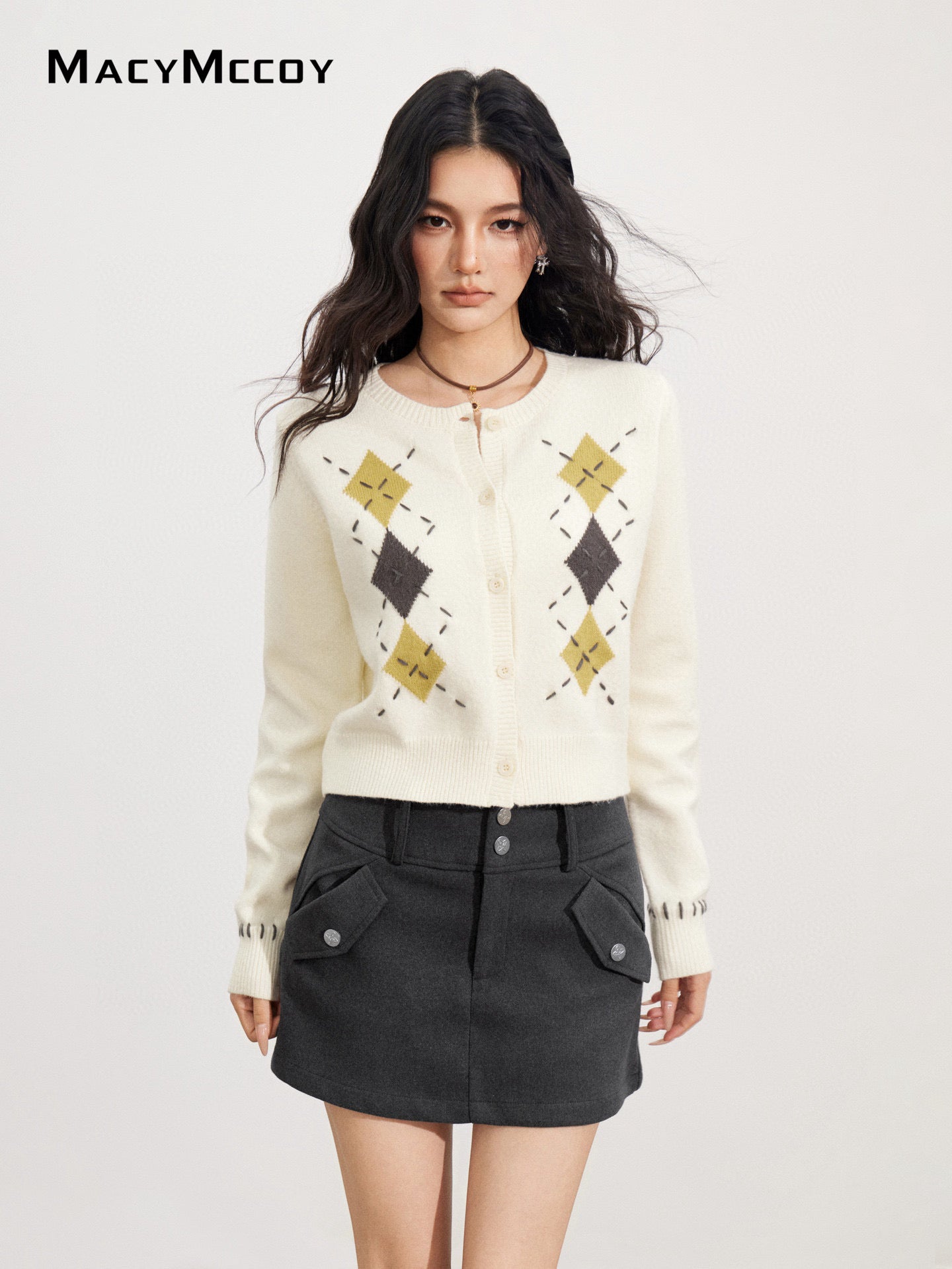 MacyMccoy MMC2025169 Handmade threading diamond grid sweater