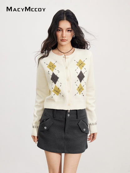 MacyMccoy MMC2025169 Handmade threading diamond grid sweater