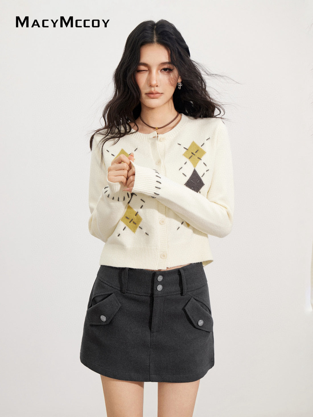 MacyMccoy MMC2025169 Handmade threading diamond grid sweater