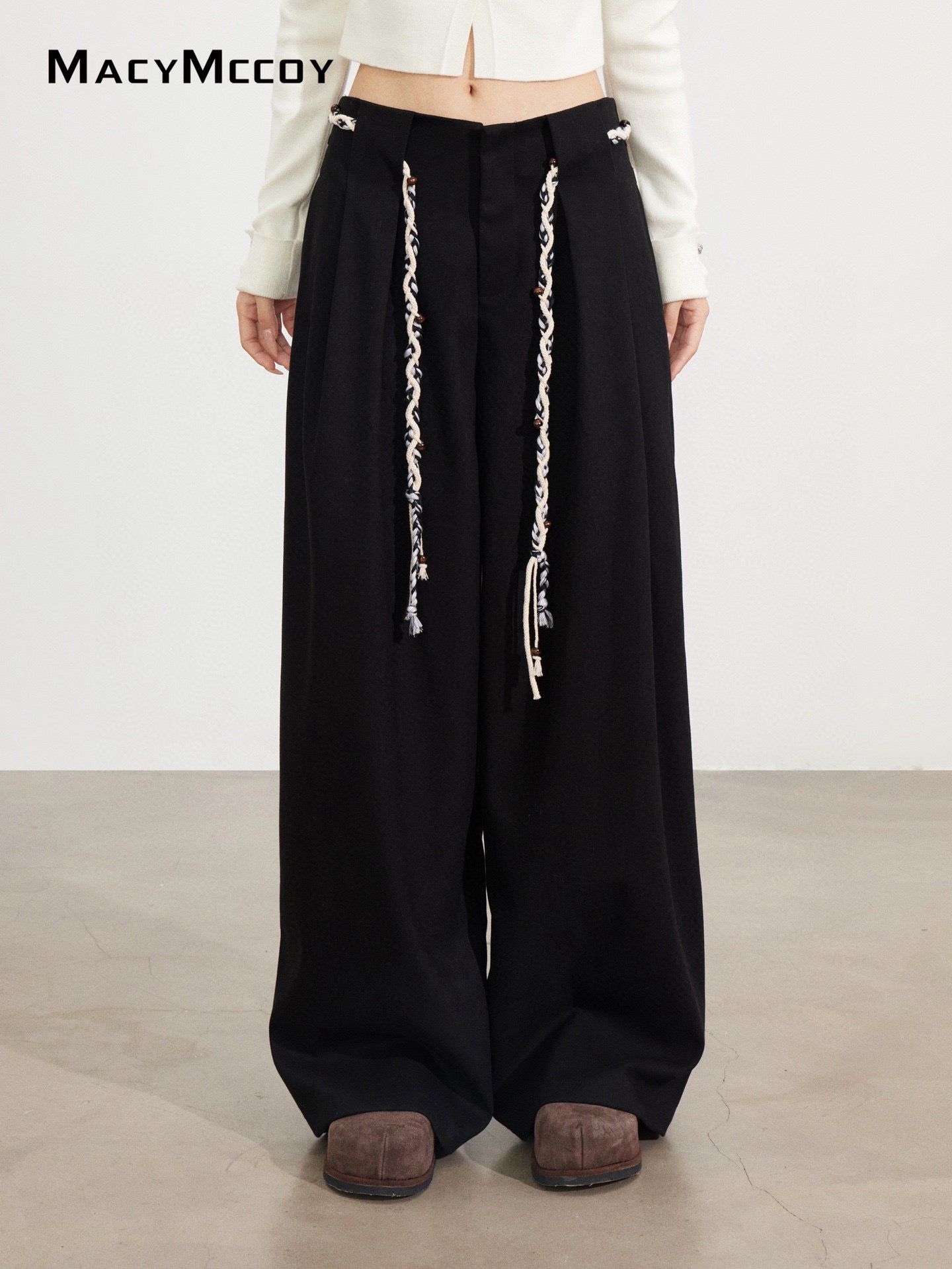 MacyMccoy MMC2025173 Tie up woolen wide leg pants