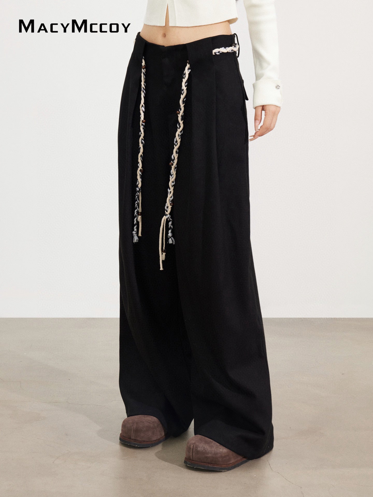 MacyMccoy MMC2025173 Tie up woolen wide leg pants