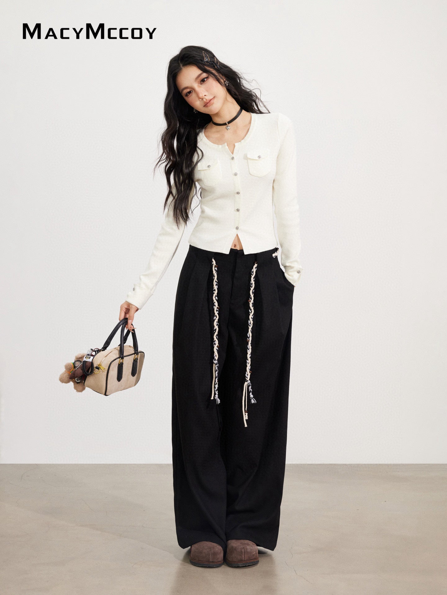 MacyMccoy MMC2025173 Tie up woolen wide leg pants