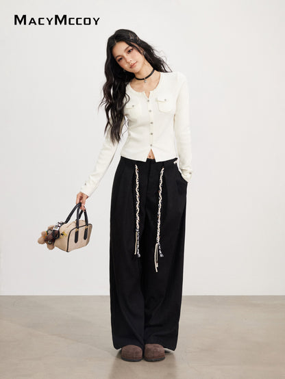 MacyMccoy MMC2025173 Tie up woolen wide leg pants