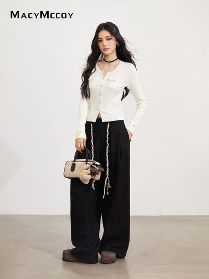 MacyMccoy MMC2025173 Tie up woolen wide leg pants