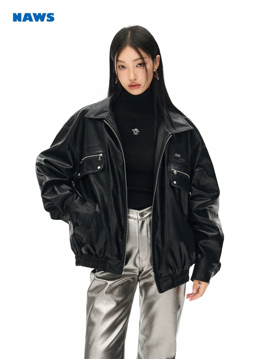 NAWS Black and white retro silhouette lapel leather jacket