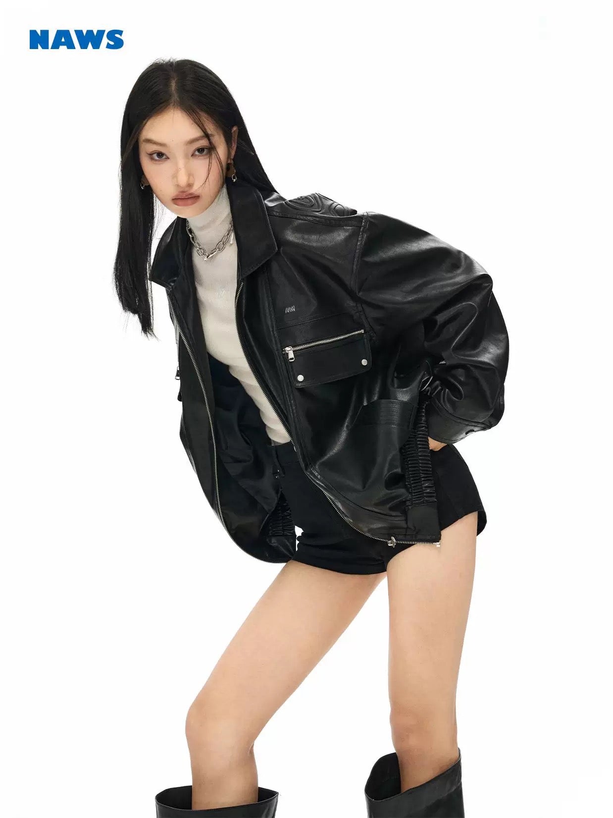 NAWS Black and white retro silhouette lapel leather jacket