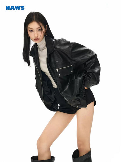NAWS Black and white retro silhouette lapel leather jacket