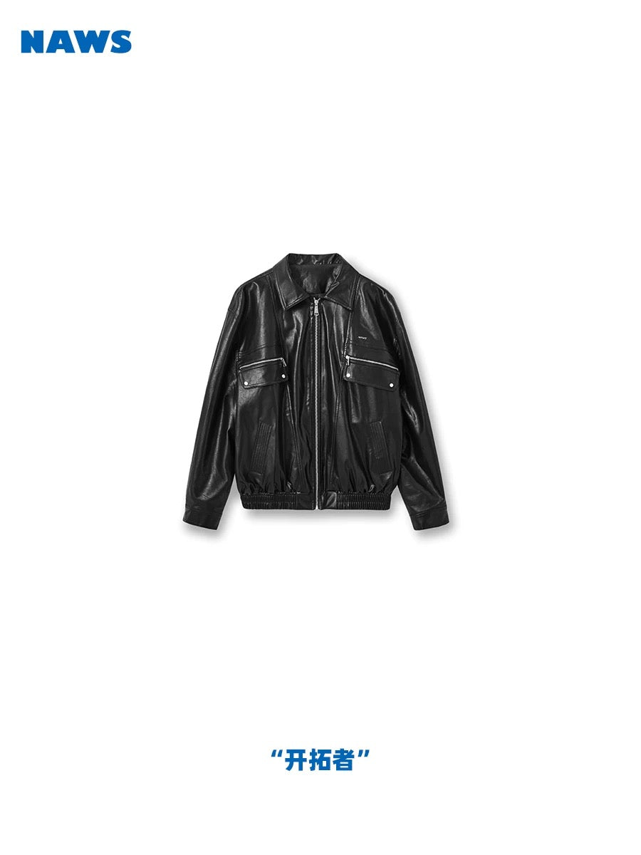 NAWS Black and white retro silhouette lapel leather jacket
