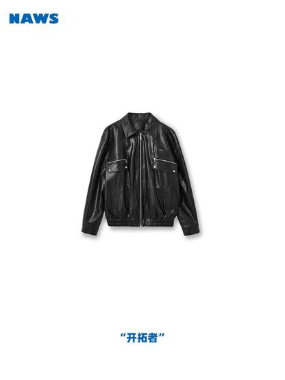 NAWS Black and white retro silhouette lapel leather jacket