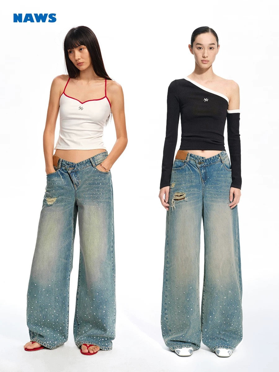 NAWS Washed and rhinestone straight leg loose pants