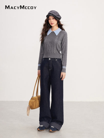 MacyMccoy MMC2025229 Polo collar contrasting twisted sweater